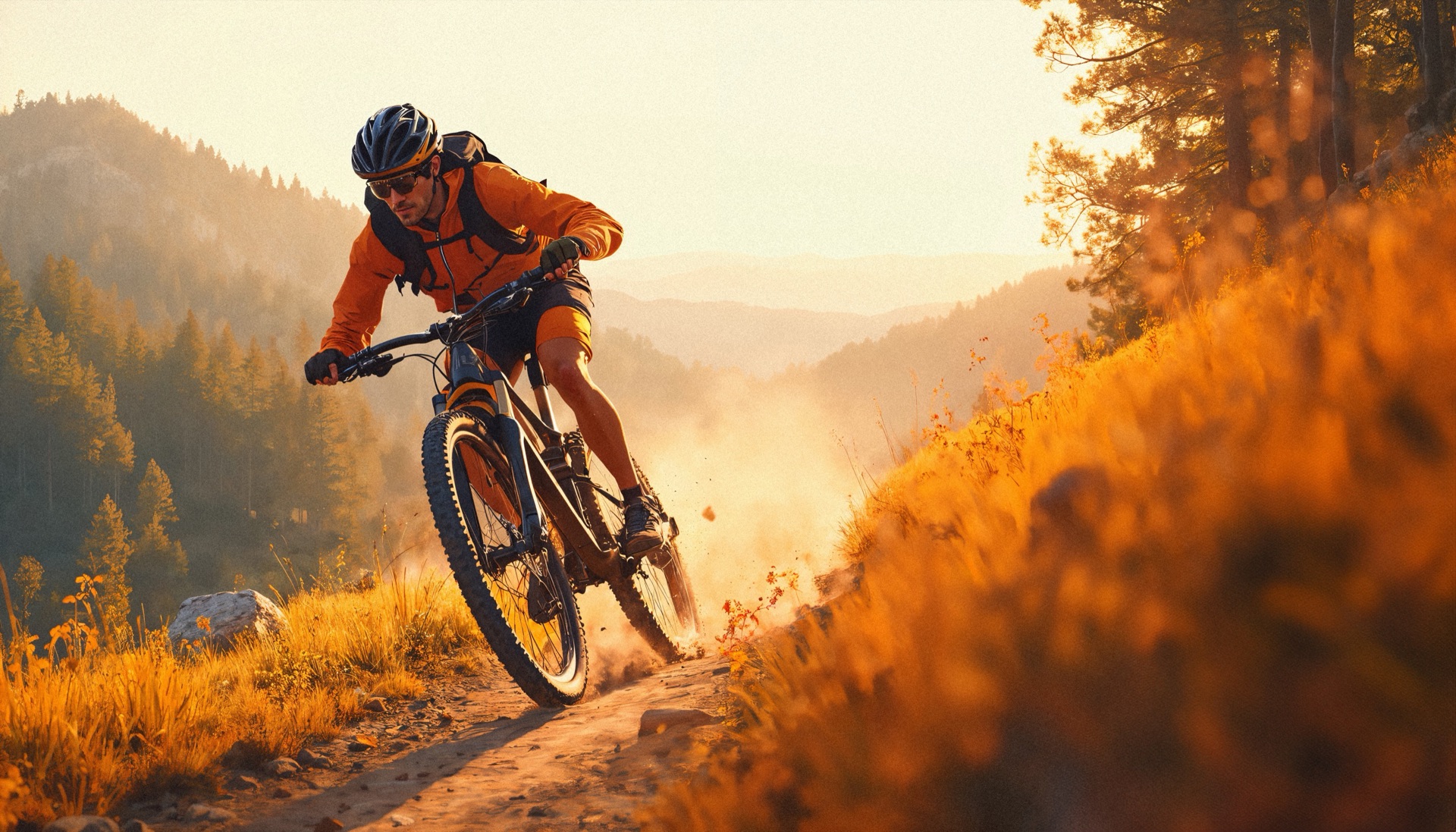 Mountainbiker in een afdaling over een bospad